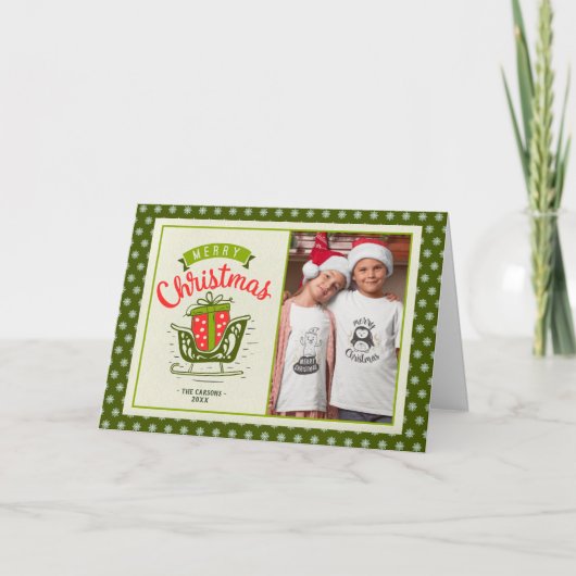 Merry kerst Sleigh Gift 2 foto's Aangepaste tekst Feestdagen Kaart (Voorkant)