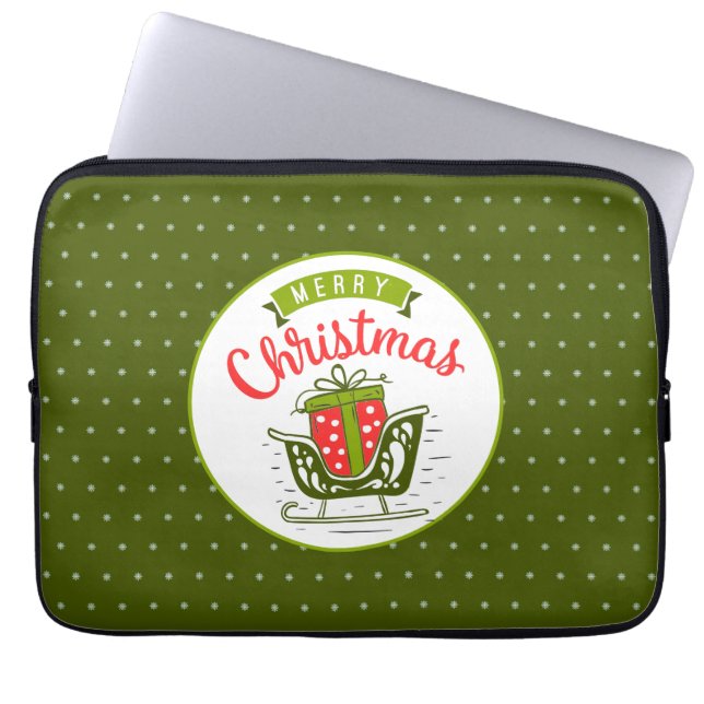 Merry kerst Sleigh Red Green Snowflake Patroon Laptop Sleeve (Voorkant)