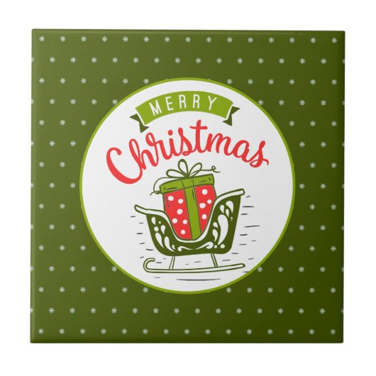 Merry kerst Sleigh Red Green Snowflake Patroon Tegeltje (Voorkant)