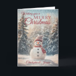Merry kerst Snowman Feestdagen Kaart<br><div class="desc">Een mooie feestelijke kerstkaart van het vakantieseizoen,  bestaande uit een winterse sneeuwscène met een lachende sneeuwpop met een warm pet en een sjaal omringd door besneeuwde sparren Alle tekst kan worden aangepast,  vervolgens personaliseren met naam (en) en binnenbericht</div>