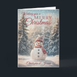 Merry kerst Snowman Feestdagen Kaart<br><div class="desc">Een mooie feestelijke kerstkaart van het vakantieseizoen,  bestaande uit een winterse sneeuwscène met een lachende sneeuwpop met een warm pet en een sjaal omringd door besneeuwde sparren Alle tekst kan worden aangepast,  vervolgens personaliseren met naam (en) en binnenbericht</div>