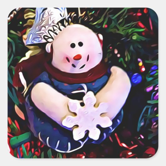 Merry kerst Snowman Holding Snowflake Vierkante Sticker (Voorkant)