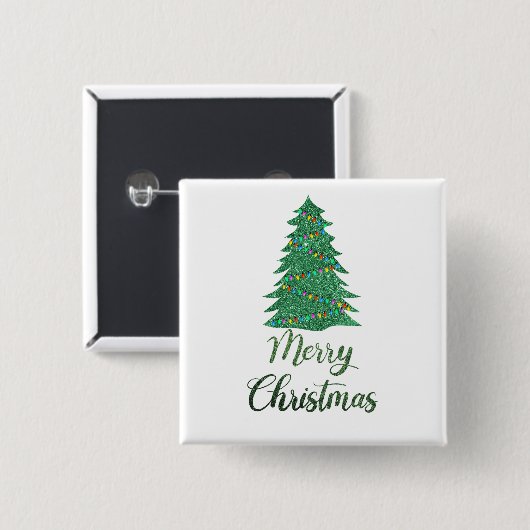 Merry kerst tree - green glitter vierkante button 5,1 cm (Voorkant /achterkant)