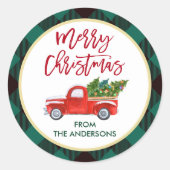 Merry kerst Truck Green Pset Check Ronde Sticker (Voorkant)