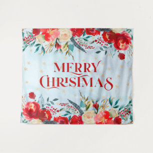 Merry kerst typografie Boho bloesgrens Wandkleed