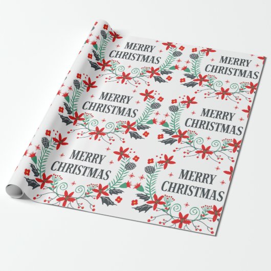 Merry kerst Typografie Floral Bouquet Cadeaupapier (Uitgerold)