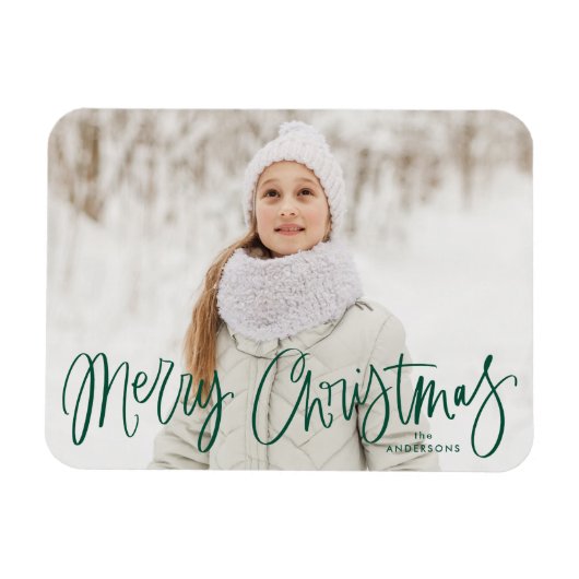 Merry kerst Whimsical Green Script-foto Magneet (Horizontaal)