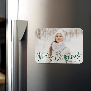 Merry kerst Whimsical Green Script-foto Magneet