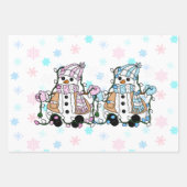 Merry kerst Whimsical Pink Blue Snowmen Inpakpapier Vel (Voorkant 3)