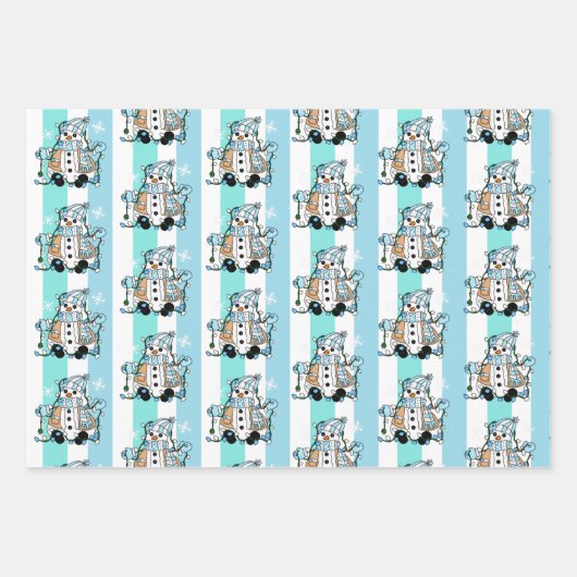 Merry kerst Whimsical Pink Blue Snowmen Inpakpapier Vel (Voorkant)