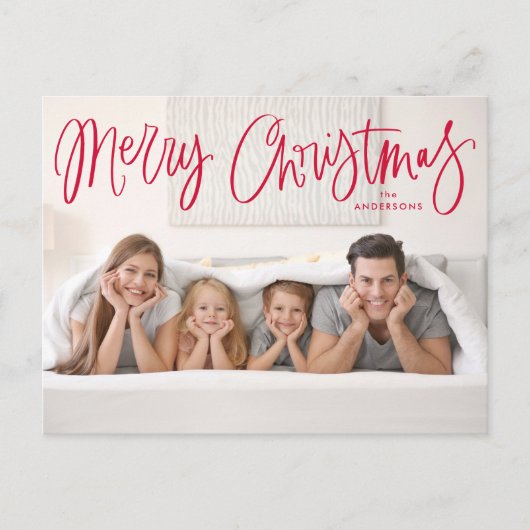 Merry kerst Whimsical Red Script-foto Feestdagenkaart (Voorkant)