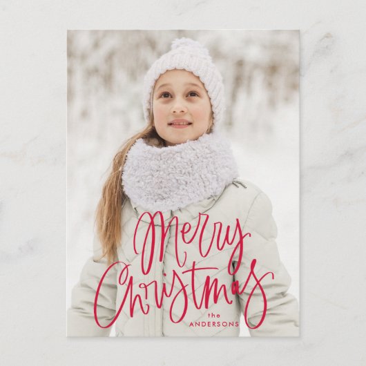 Merry kerst Whimsical Red Script-foto Feestdagenkaart (Voorkant)