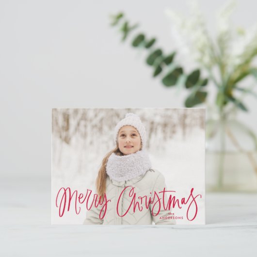 Merry kerst Whimsical Red Script-foto Feestdagenkaart (Staand voorkant)