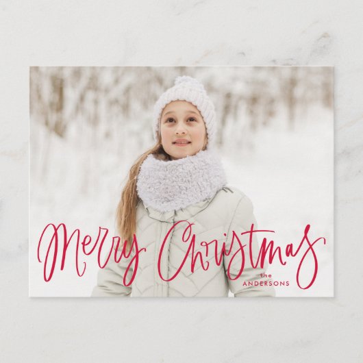 Merry kerst Whimsical Red Script-foto Feestdagenkaart (Voorkant)