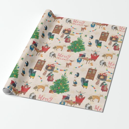Merry kerst Wildlife Fun Cadeaupapier (Uitgerold)