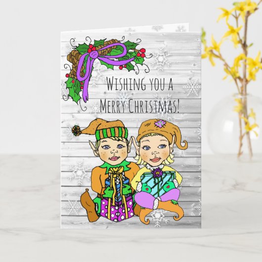 Merry kerst Wishes Whimsical Elves Kaart (Gele Bloem)