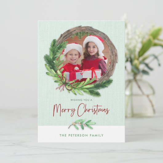 Merry kerst Wreath Modern foto Feestdagenkaart (Staand voorkant)