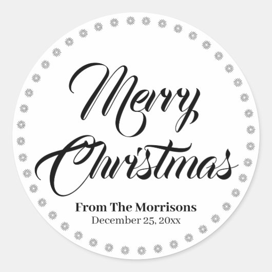Merry kerst zwart wit aangepast script schattig ronde sticker (Voorkant)