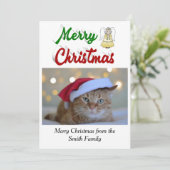 Merry KerstAngel, foto rood, groen script Feestdagenkaart (Staand voorkant)