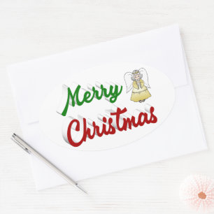 Merry KerstAngel rood script Ovale Sticker