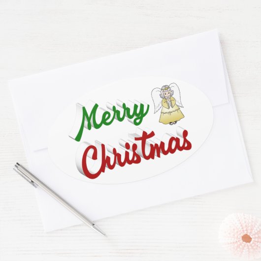 Merry KerstAngel rood script Ovale Sticker (Envelop)