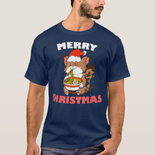 Merry Kerstanimme Kawaii Cat Ramen mas lampjes T-shirt