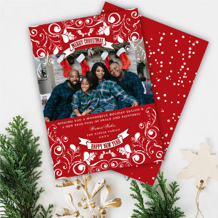 Merry kerstArt Nouveau Floral Flourish Foto Feestdagenkaart