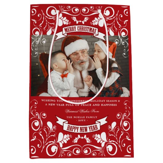 Merry kerstArt Nouveau Floral Flourish Foto Medium Cadeauzakje (Voorkant)