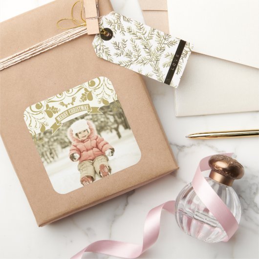 Merry kerstArt Nouveau Floral Flourish Foto Vierkante Sticker (Geschenken)