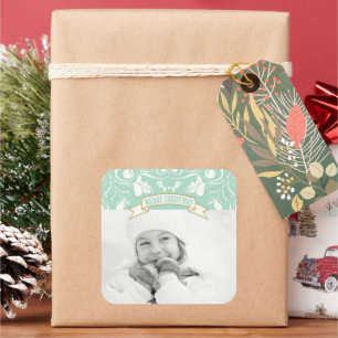 Merry kerstArt Nouveau Floral Flourish Foto Vierkante Sticker