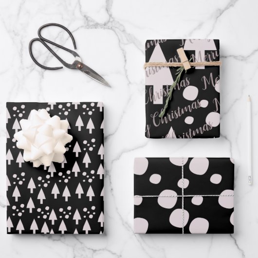 Merry kerstballen Trees Black Pink Pattern Inpakpapier Vel (Voorkant)