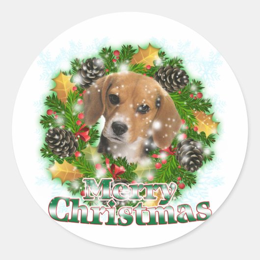 Merry Kerstbeagle Ronde Sticker (Voorkant)