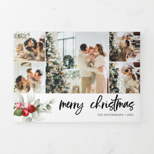 Merry KerstBerry Leaves Foto Drieluik Wenskaart (Cover)