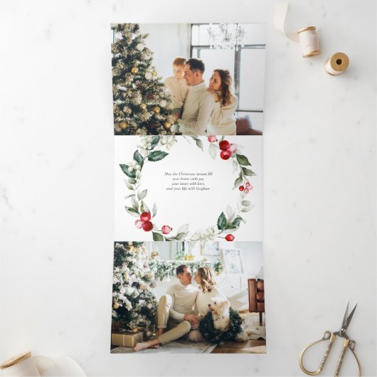 Merry KerstBerry Leaves Foto Drieluik Wenskaart (Binnen)