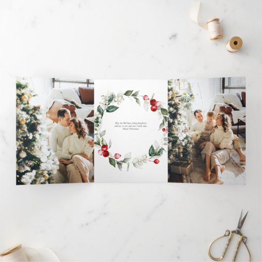 Merry KerstBerry Leaves Foto Drieluik Wenskaart (Binnen)
