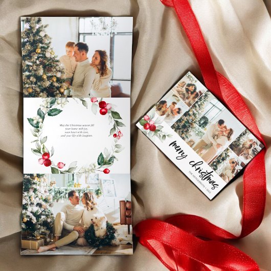 Merry KerstBerry Leaves Foto Drieluik Wenskaart