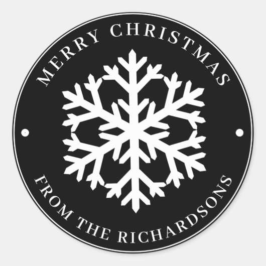 Merry KerstBlack Round White Snowflake Ronde Sticker (Voorkant)