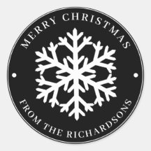 Merry KerstBlack Round White Snowflake
