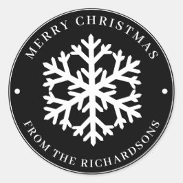 Merry KerstBlack Round White Snowflake Ronde Sticker