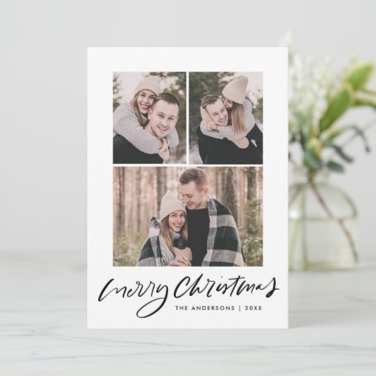 Merry KerstBlack Script 3 Fotocollage Feestdagenkaart (Staand voorkant)