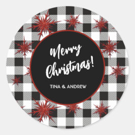 Merry KerstBlack White Buffalo Check Ronde Sticker