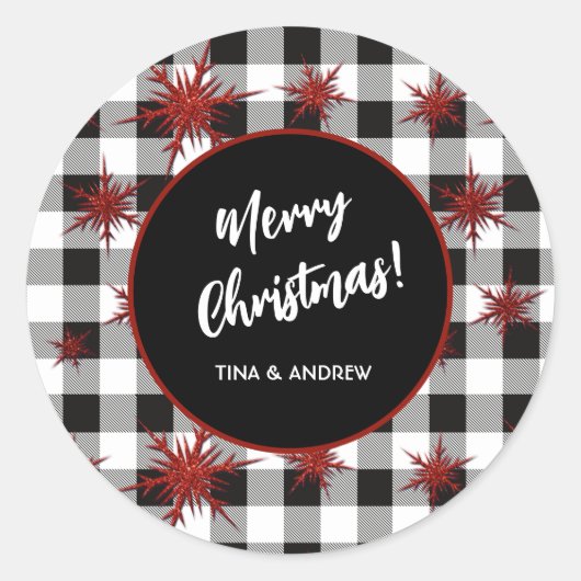 Merry KerstBlack White Buffalo Check Ronde Sticker (Voorkant)