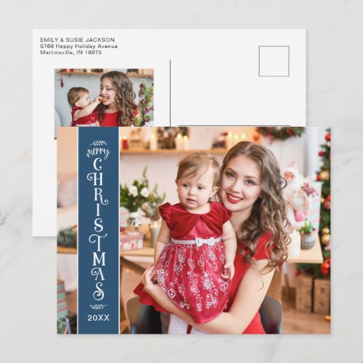 Merry Kerstblauw 2 foto's familie Feestdagenkaart (Voorkant / Achterkant)