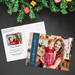 Merry Kerstblauw 2 foto's familie goud Folie Feestdagen Briefkaart