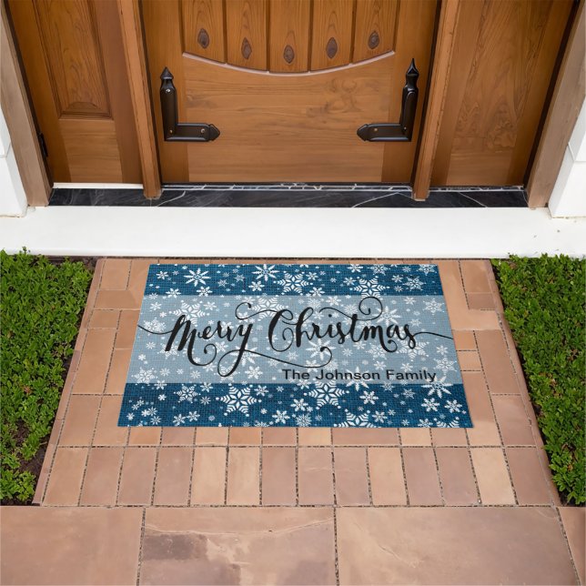 Merry KerstBlue Burlap Snowflake Patroon Deurmat (Buiten)