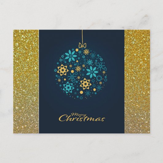 Merry KerstBlue/Gold Ornament Feestdagenkaart (Voorkant)