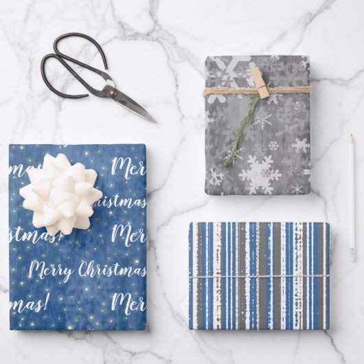 Merry KerstBlue Gray Winter Inpakpapier Vel (Voorkant)