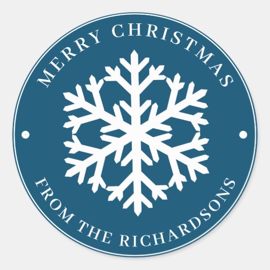 Merry KerstBlue Round White Snowflake Ronde Sticker (Voorkant)
