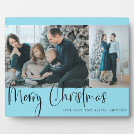 Merry KerstBlue Script Photo Collage Holiday Fotoplaat