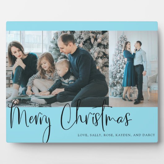 Merry KerstBlue Script Photo Collage Holiday Fotoplaat (Voorkant)